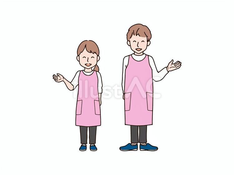 片手を上げる男女2_エプロンp 大人,男性,女性のイラスト素材