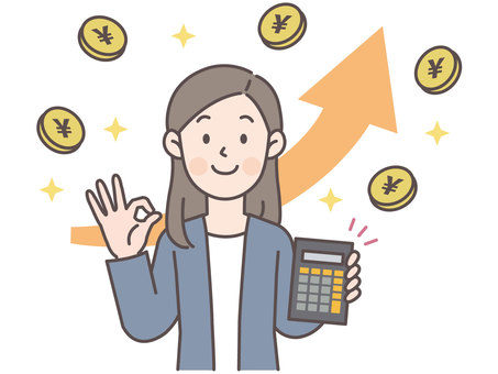 売上げ儲かったキャリアウーマン 売上げ儲かったキャリアウーマン 会社員,人物,女性,事務,電卓,お金,営業,スーツ,ビジネスマン,ビジネスのイラスト素材