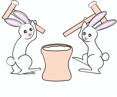 餅を突くウサギのイラスト ウサギ,餅つき,2匹,杵,臼,餅,月見,シンプル,イラストのイラスト素材