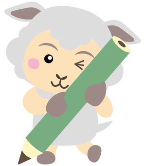 鉛筆を持ってアイデアを考えるかわいい羊 羊,未年,羊年,干支,十二支,動物,キャラクター,マスコット,ゆるキャラ,かわいいのイラスト素材
