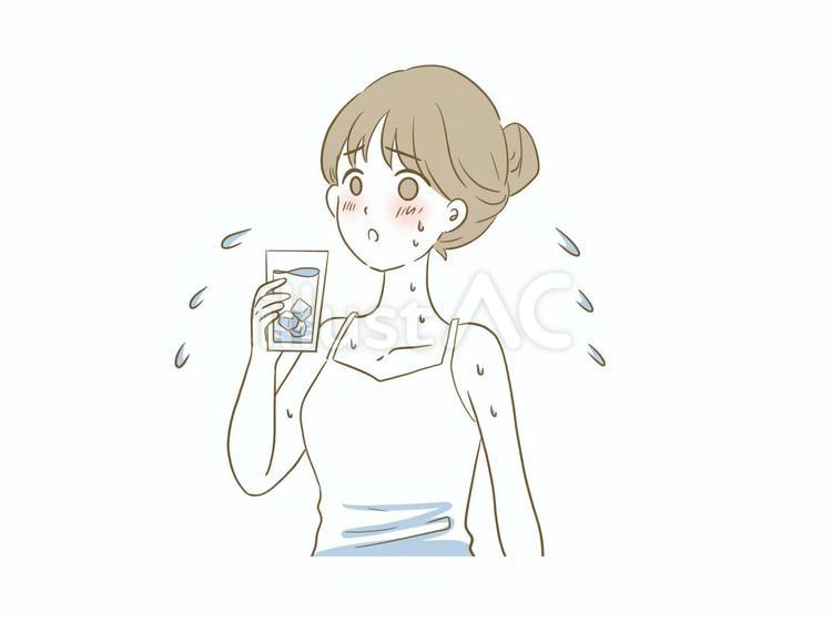 暑い日、水分補給をする女性 熱中症,暑い,夏のイラスト素材