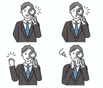 虫眼鏡をのぞくビジネスマン　ポーズ集 虫眼鏡,仕事,スーツ,男性,サラリーマン,ビジネスマン,ビジネス,手書き,正面,線画のイラスト素材