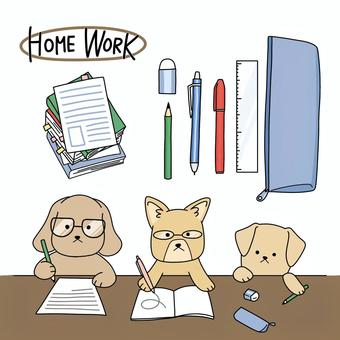 勉強と犬まとめ 勉強,文房具,文具,鉛筆,シャーペン,書き物,書く,作文,お絵描き,絵のイラスト素材