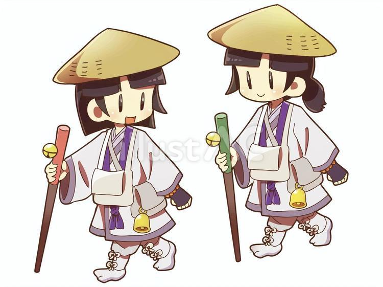 巡拝姿でお遍路を巡る女の子 お遍路,巡拝服,女の子のイラスト素材