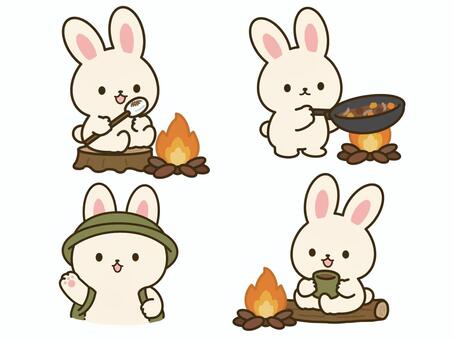 キャンプを楽しむうさぎセット うさぎ,キャンプ,ハイキング,アウトドア,セット,料理,焼きマシュマロ,焚き火,コーヒー,ホットドリンクのイラスト素材