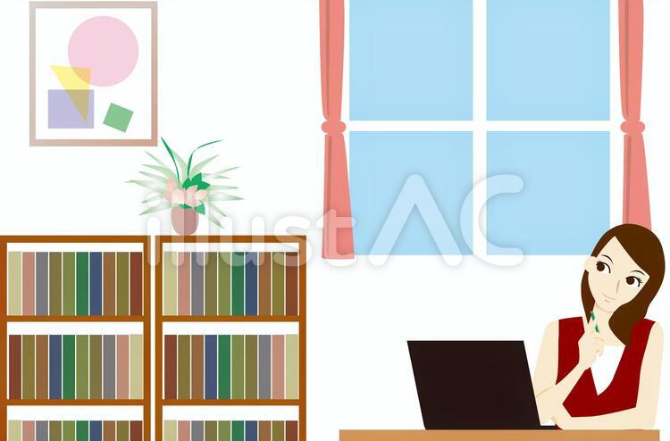 女性　人物　部屋　パソコン　在宅ワーク 女性,考え,鉛筆のイラスト素材