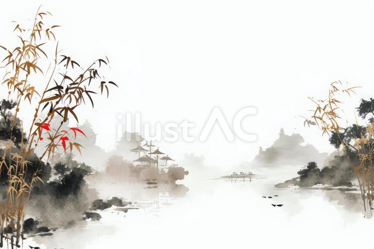 自然風景の水墨画 竹,葉,和風のイラスト素材