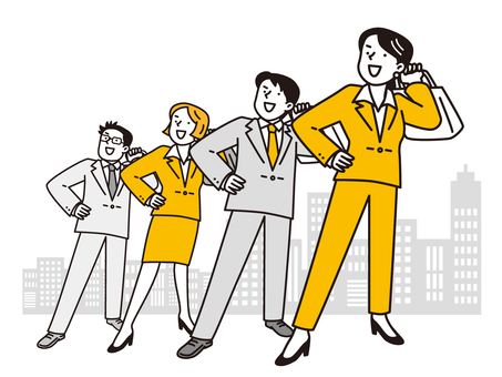 上を向いて並ぶ若い男女ビジネスマンとビル 女性,男性,ビジネスマン,上,見上げる,ポーズ,全身,男女,ビジネス,スーツのイラスト素材