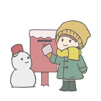 ポストに投函する女の子 女の子,人物,かわいい,ワンポイント,ポスト,投函,ハガキ,年賀状,雪だるま,手紙のイラスト素材