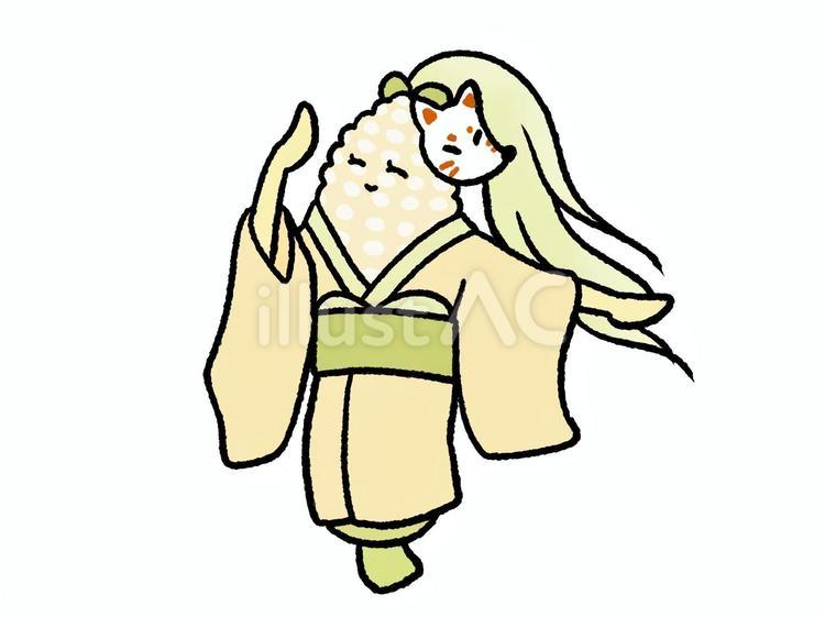  キツネのお面をつけて踊る白いとうもろこし とうもろこし,ホワイトコーン,盆踊りのイラスト素材