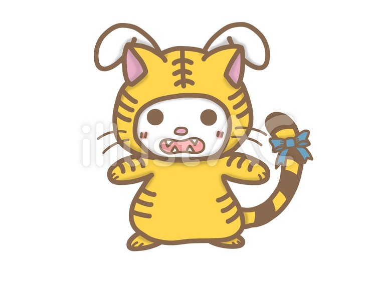 トラ猫の着ぐるみを着たうさぎ うさぎ,兎,手書きのイラスト素材