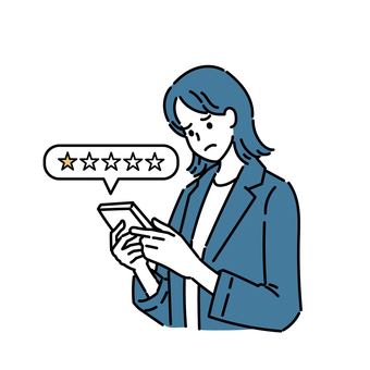 レビューで低評価をする女性 女性,星,評価,上半身,最低点,低評価,しかめっ面,不満,スマホ,レーティングのイラスト素材