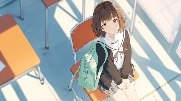教室でこちらを見上げる女子学生