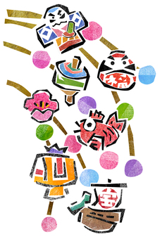 版画風の餅花と正月飾りのイラスト-18 餅花,正月飾り,縁起物,だるま,達磨,凧,独楽,鯛,打ち出の小槌,宝船のイラスト素材