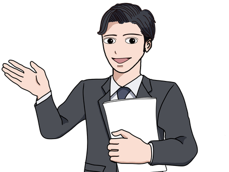 手を挙げて説明するスーツ姿の男性 笑顔,資料,書類,スーツ,男性,ビジネスマン,仕事,コンサル,マーケティング,会議のイラスト素材
