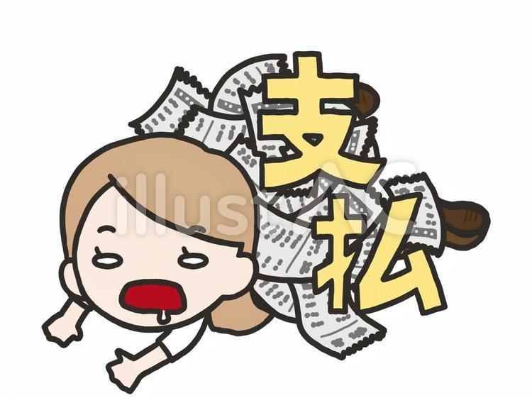 支払いに潰される女性：気絶 女性,手書き,手描きのイラスト素材