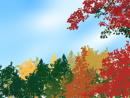秋の山のイラスト 秋,山,風景,木,森,青空,紅葉,銀杏,イラスト,手描きのイラスト素材