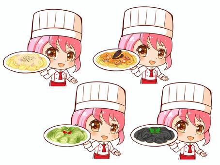 イタリアンシェフとパスタ料理３ イタリアンシェフ,食べ物,パスタ,麺類,女の子,ピンク髪,ジェノベーゼ,カルボナーラ,ペスカトーレ,イカスミのイラスト素材
