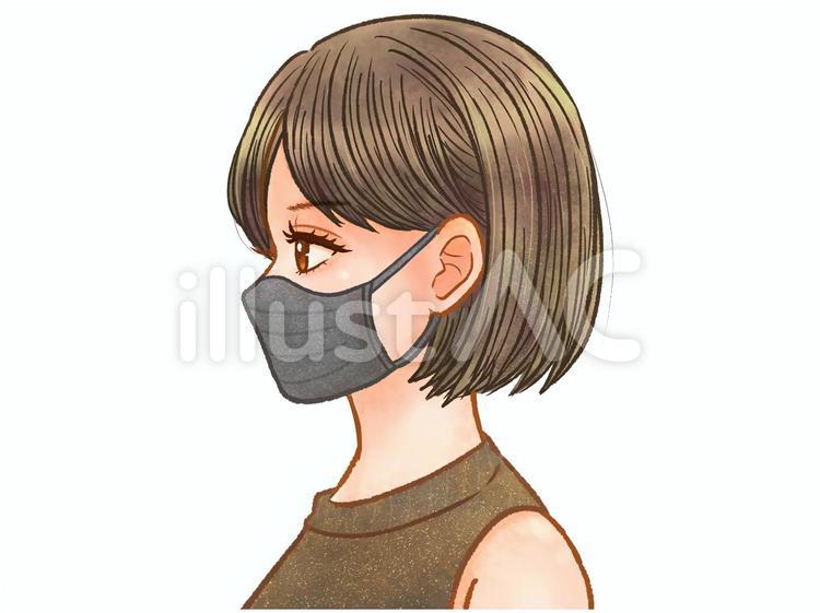 黒マスクを付けた黒髪の大人女性＿横顔 横顔,黒マスク,女性のイラスト素材
