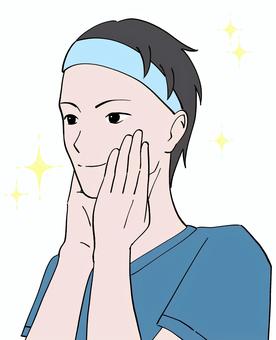 肌の手入れをする男性のイラスト 男性,美容,メンズ,ビューティー,手入れ,チェック,キラキラ,嬉しい,清潔,笑顔のイラスト素材