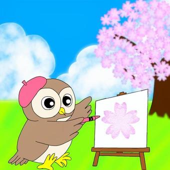 【短文カード】「く」の言葉① フクロウ,桜,クレヨン,描く,空,雲,言語聴覚療法,絵カード,構音,情景画のイラスト素材