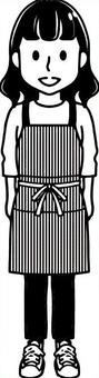 白黒・エプロンの女性_2 モノクロ,白黒,大人,女性,全身,エプロン,ズボン,パンツ,長袖,スニーカーのイラスト素材