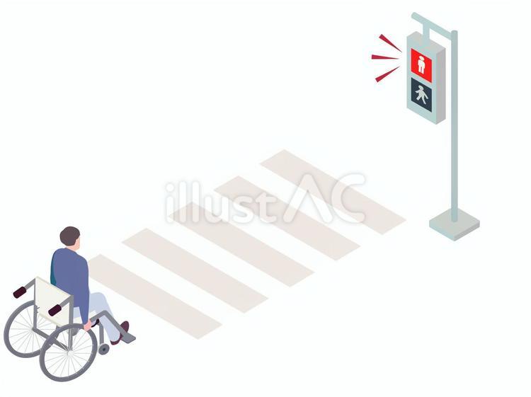赤の信号機で待つ車いすの男性のアイソメ アイソメ,おしゃれ,信号のイラスト素材