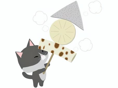 おでん_猫 おでん,猫,はちわれ,動物,かわいい,こんにゃく,大根,ちくわのイラスト素材