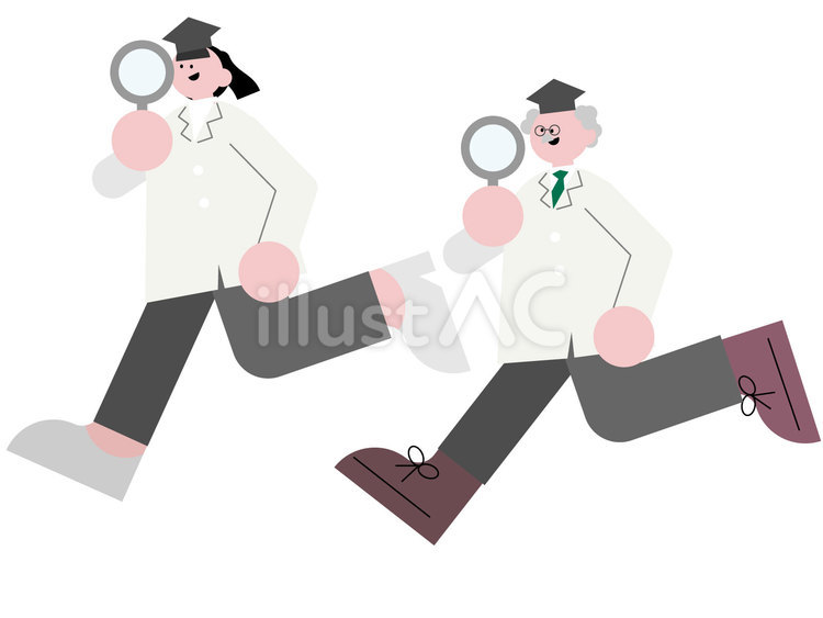 虫眼鏡を持って走る研究者のセット おしゃれ,かわいい,人物のイラスト素材