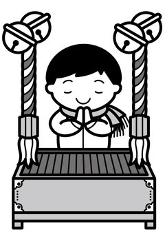 初詣-2c 初詣,祈願,賽銭箱,鈴,紐,祈る,マフラー,男の子,かわいい,シンプルのイラスト素材