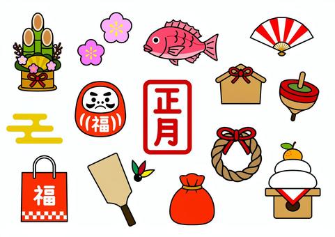 #3371お正月セット 門松,鏡餅,福袋,だるま,鯛,絵馬,しめ縄,駒,扇子,ワンポイントのイラスト素材