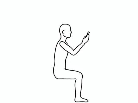 猫背で座りスマホを見る人 猫背,スマホ,横向き,座位,線画,白黒のイラスト素材