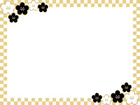 格子柄　梅の花　フレーム　白×ゴールド2 フレーム,枠,背景,和柄,格子柄,梅の花,梅,正月,年賀状,シックのイラスト素材