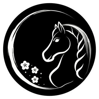 午年 年賀状素材(黒地・白) 午年 年賀状素材(黒地・白) 馬,年賀状,2026,午,パーツ,干支,梅,モノクロ,白黒,白のイラスト素材
