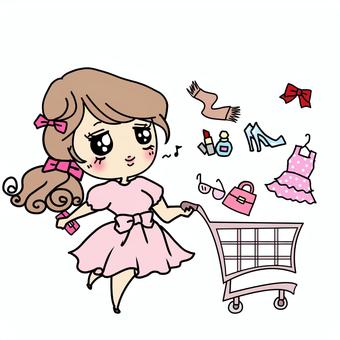ぶりっ子　ショッピングカートに入れる女子 ショッピング,ショッピングカート,女性,女子,買い物,爆買い,スキップ,楽しい,嬉しい,音符のイラスト素材