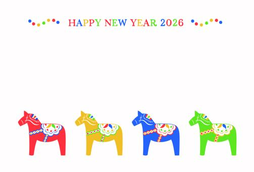 2026年の年賀状-北欧風の馬の置物2 ダーラナホース,スウェーデン,北欧,年賀状,民芸品,木彫り,木馬,おしゃれ,カラフル,模様のイラスト素材