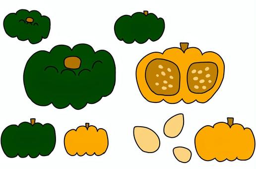 かぼちゃセット かぼちゃ,野菜,食べ物,甘い,秋,種,手書きのイラスト素材