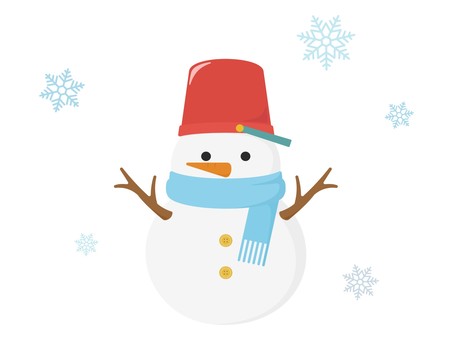 雪だるまと雪の結晶のイラスト　手袋なし 雪だるま,クリスマス,雪の結晶,雪,結晶,冬,バケツ,マフラー,にんじん,人参のイラスト素材