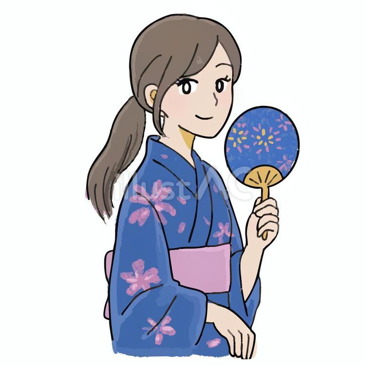 青色・紺色の浴衣姿の可愛い女性(正面) 浴衣,浴衣姿,女性のイラスト素材