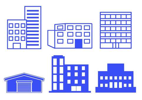 建物アイコンセット ビル,マンション,アパート,会社,正面,窓,オフィス,社屋,企業,経営のイラスト素材