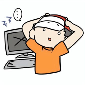 パソコンがエラーで呆然とする少年 小学生,パソコン,エラー,呆然,デジタル,苦手,パニック,黙る,静か,固まるのイラスト素材