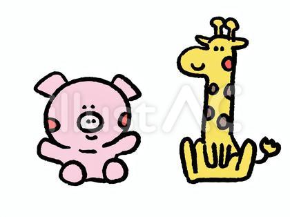 おすわりするブタとキリンのイラスト
