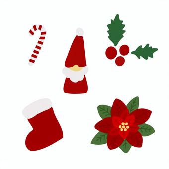 クリスマスのアイテム5点セット クリスマス,サンタクロース,スティック,柊,ポインセチア,靴下,ワンポイント,サンタ,人物,植物のイラスト素材