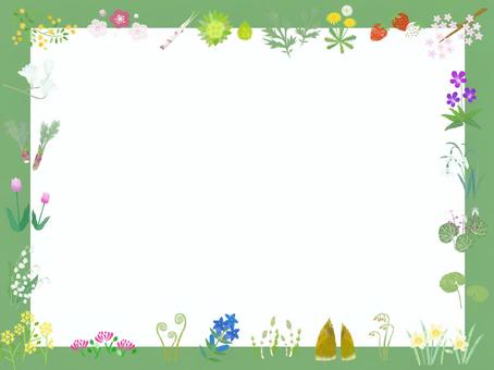 春 フレーム 春 フレーム 春,フレーム,シンプル,グリーン,ふきのとう,ふき,わらび,ゼンマイ,木蓮,梅のイラスト素材