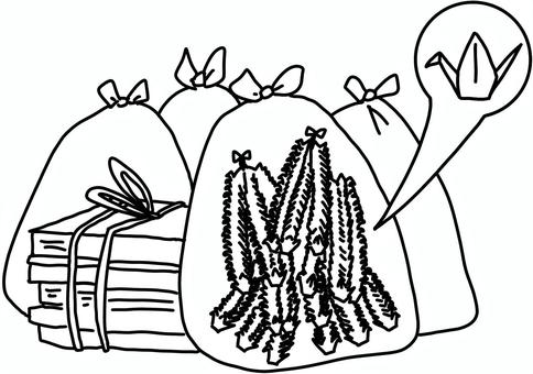 ゴミとして捨てられた千羽鶴　線画 ゴミ,袋,千羽鶴,おりがみ,線画のイラスト素材