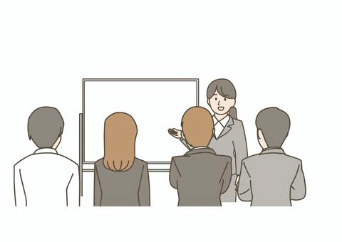 プレゼンを聞く聴衆と発表する女性 人物,ビジネス,会社員,スーツ,女性,複数人,後ろ姿,聴衆,観客,会議のイラスト素材