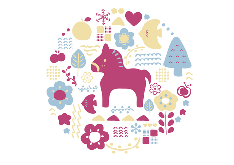 北欧風馬と自然のかわいいロゴイラスト 北欧風馬と自然のかわいいロゴイラスト 北欧風,馬,午,午年,2026,年賀状,年賀,洋風,カジュアル,ノルディックのイラスト素材
