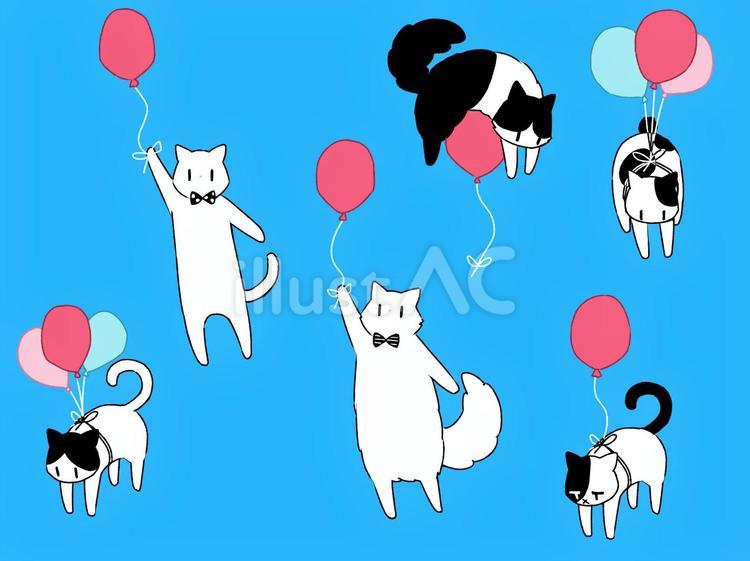 風船ぷかぷかねこ 猫,動物,白猫のイラスト素材