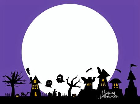 ハロウィンの街並みのフレーム（紫） ハロウィン,街並み,こうもり,黒猫,ジャックオランタン,月,建物,シルエット,フレーム,墓地のイラスト素材