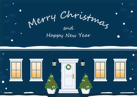 クリスマスのイラスト、冬のおしゃれな玄関 クリスマス,クリスマスツリー,背景,ツリー,家,ドア,玄関,窓,建物,冬のイラスト素材